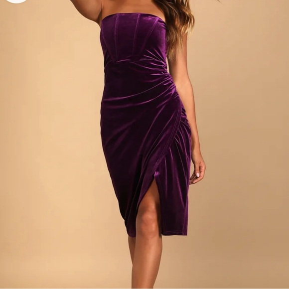 NWT Glamorous Celebrations Dark Purple Velvet Strapless Tulip Dress - Picture 1 of 4